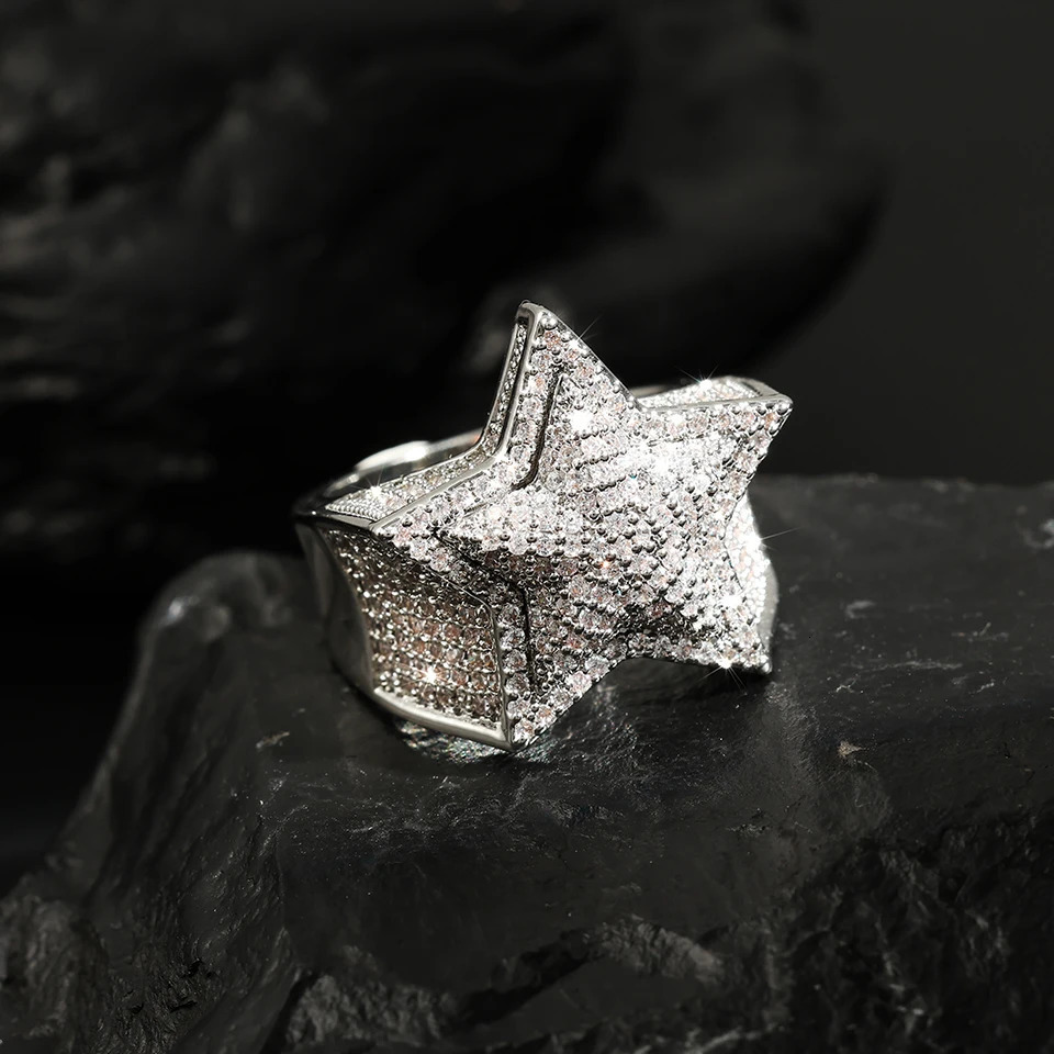 RAKOL Star Full Zircon Rings For Man Women Silver Gold Color Five Pointed Star Ring Shine Hip Hop Jewlery Gifts 250716