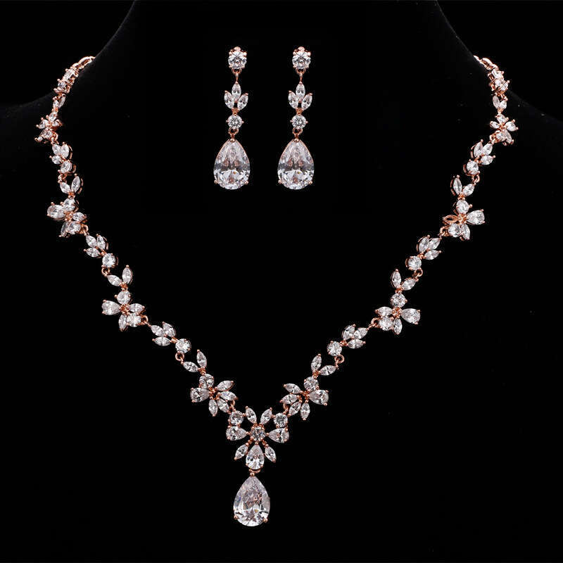 Classic Popular Zircon Necklace Earrings Korean Ins Style Bride Wedding Set