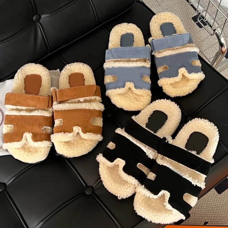 Designer slippers, high-quality women's woolen slippers, anti-slip slippers, autumn and winter printed slippers, comfortable, casual and warm woolen slippers