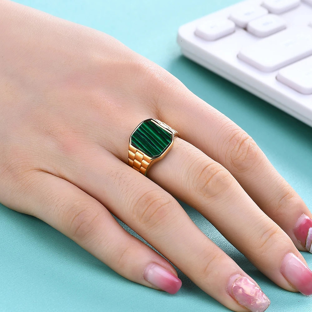 Vintage Stone Ring Women Inlay Malachite Shell Square Lady Ring Fashion Stainless Steel Ins Style Jewelry Gifts 250716