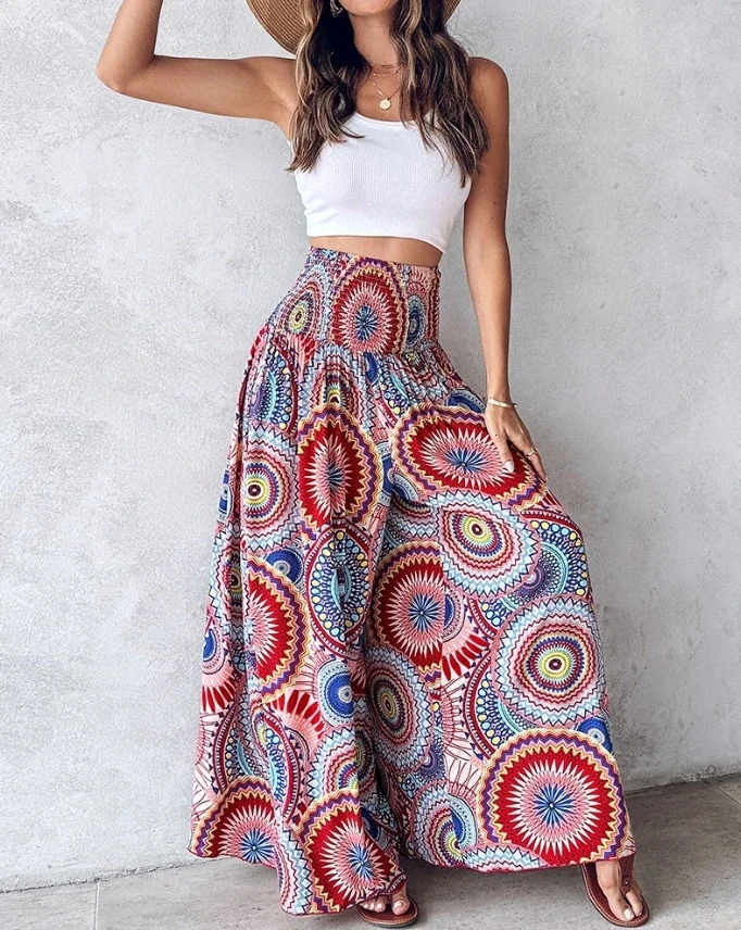 SpringSummer Womens Vacation Trousers Latest Casual Vintage Boho Tribal Floral Print High Waist Shirred Wide Leg Pants 250717