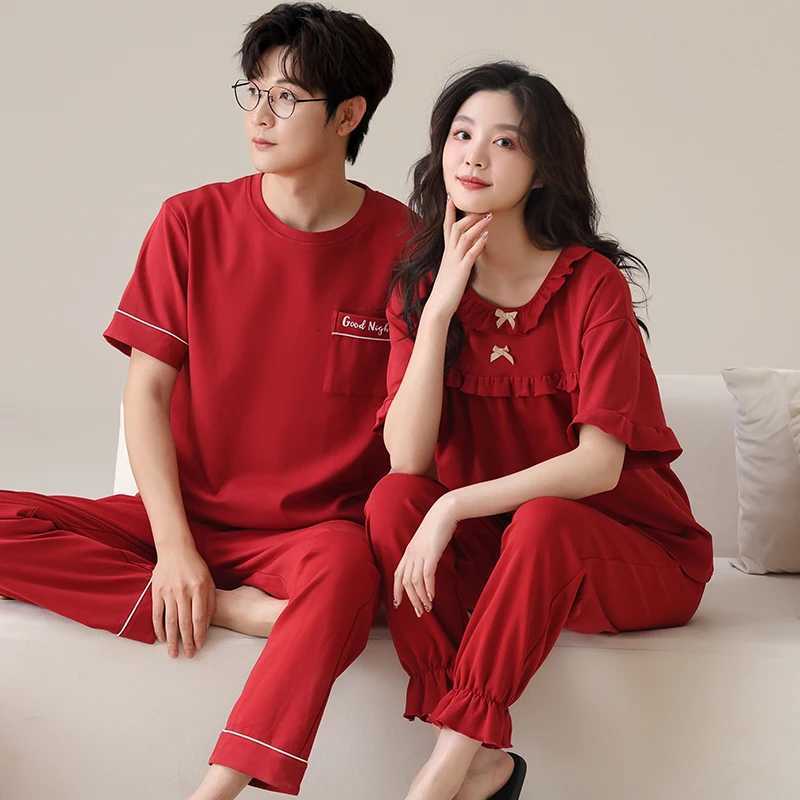 100% Cotton Fashion Women Short Sleeve Long Pants Sleepwear Set Couples Festive Red Color Pajamas Summer Home Lounge Gift W250717