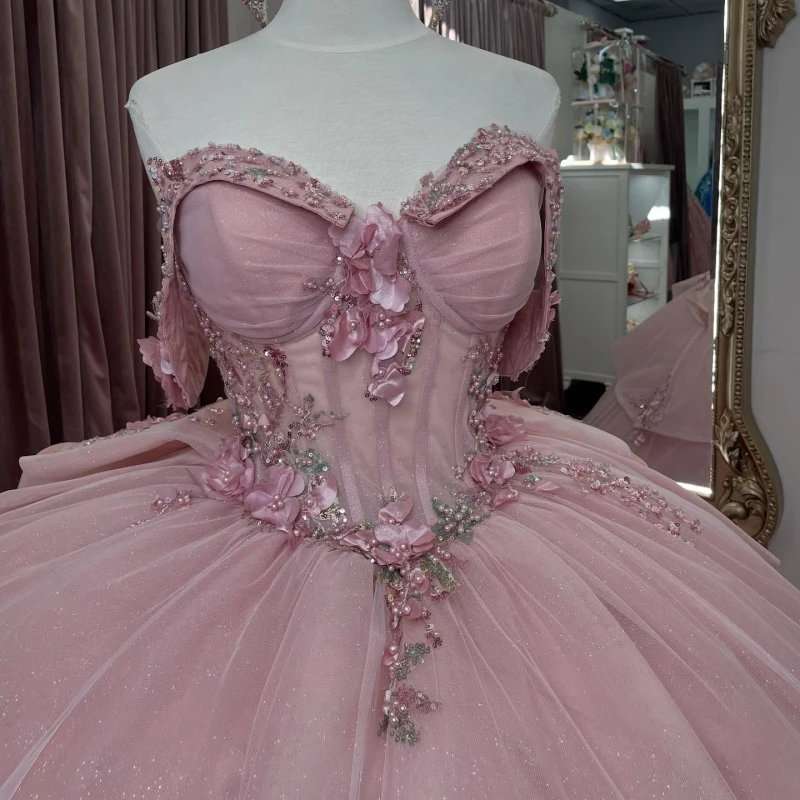 Pink Shiny Quinceanera Dresses Ball Gown Off The Shoulder Sequin Applique Flower Beading Crystal Tull Sweet 16 Dress Vestidos 15