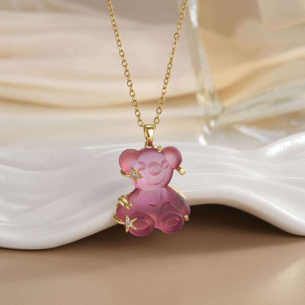 Jewelry INS Style Colorful Resin Bear Pendant Necklace Fashionable Versatile Titanium Steel Collarbone Chain 056