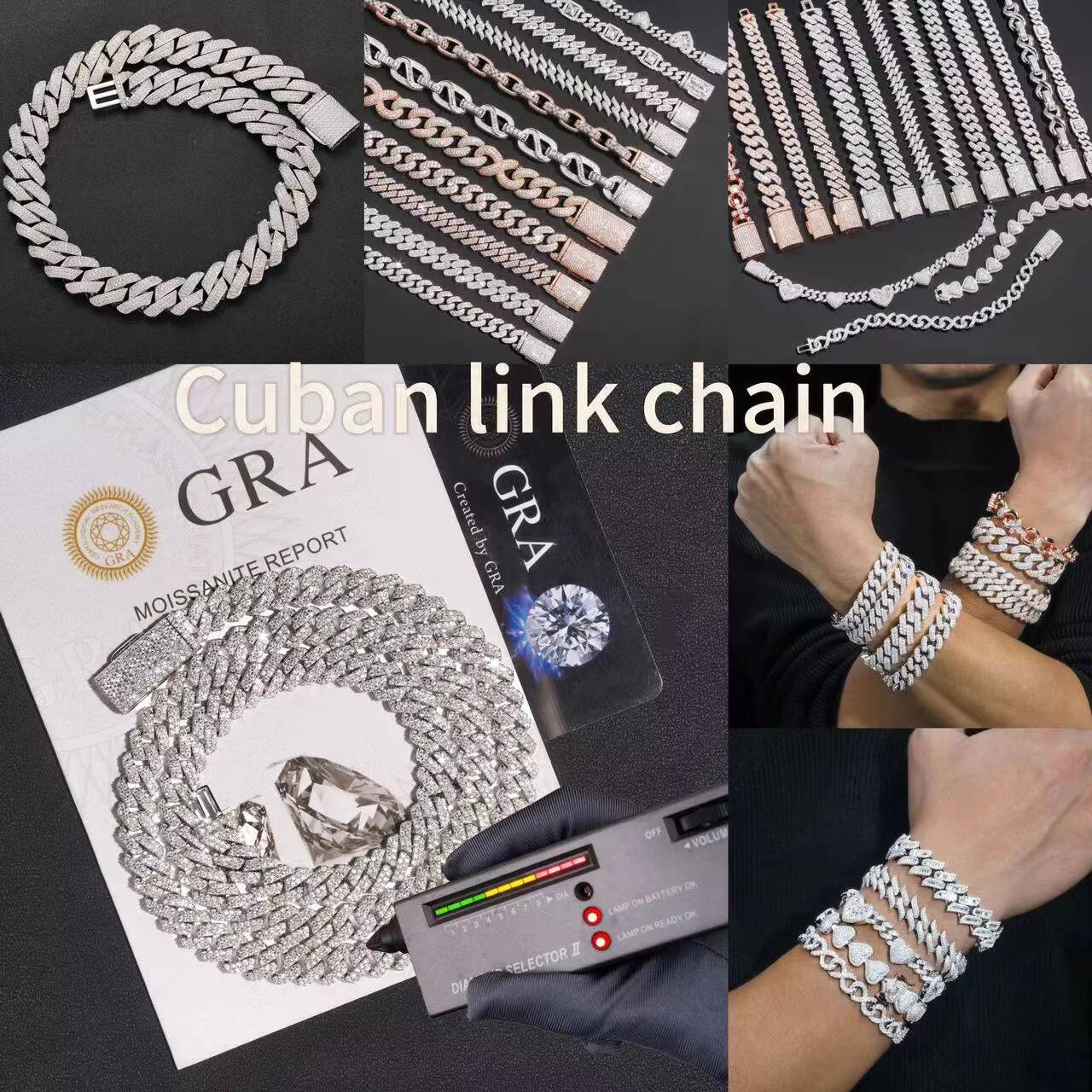 Hip Hop Jewelry D VVS Round Moissanite Diamond S925 Iced Out Moissanite Cuban Necklace Link Chain Jewelry