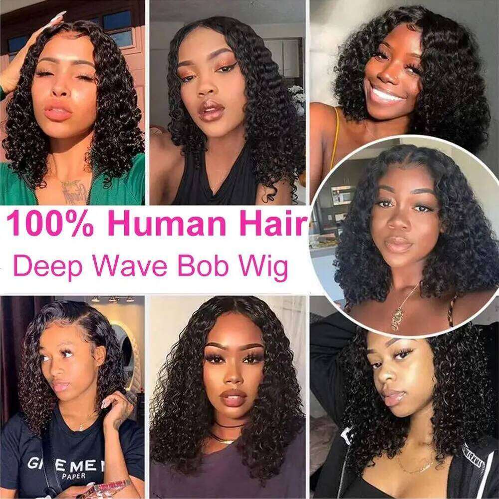 13x4 Short Curly Bob Wet And Wavy Deep Wave 200 Density Malaysian Lace Front Human Hair Wigs For Women 4x4 Closure Wig