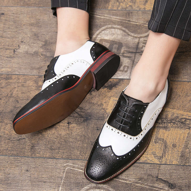 Brogue Leather British Style Carved Pattern Color Block Casual Studio Wedding Photo Black and White Large Size Men's Shoes