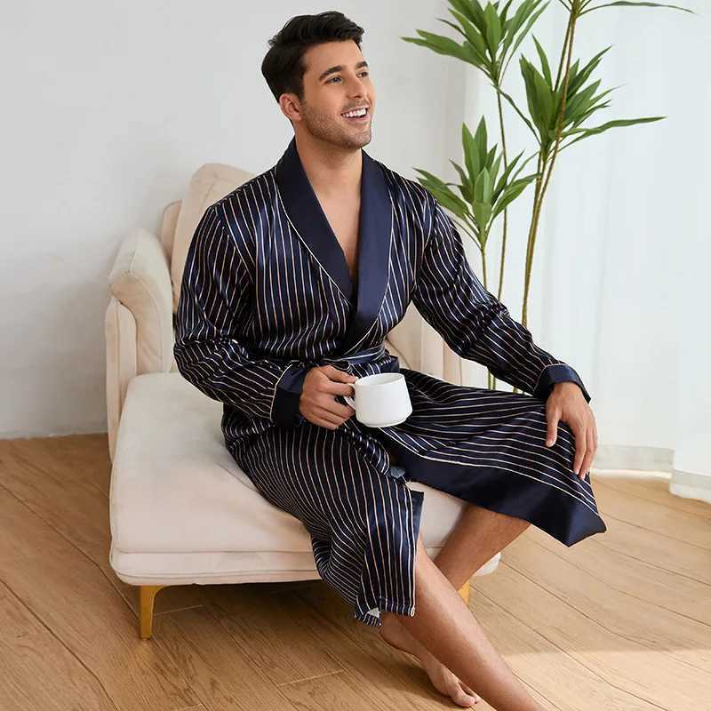 Men Stripe Print Kimono Robe Sleepwear Loose Casual Satin Homewear Bathrobe Gown with Belt Loungewear Spring Summer Nightwear W250717