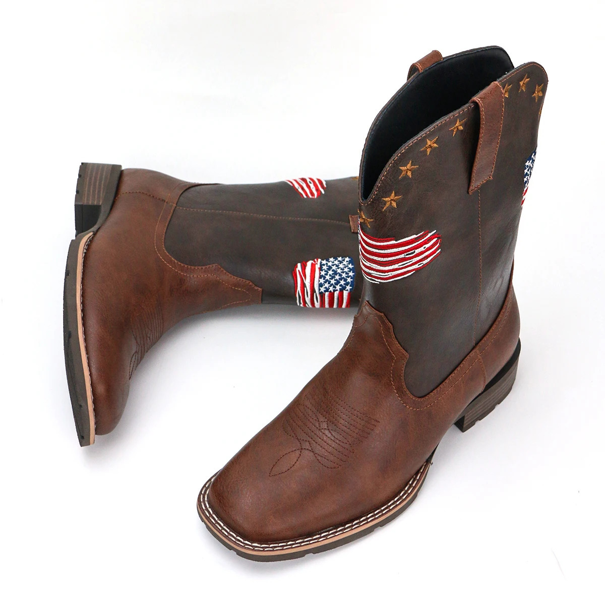 Mens Plaid Square Toe Low Heel Easiest for Match National Flag Slip-on Outdoor Cowboy Boots 250715