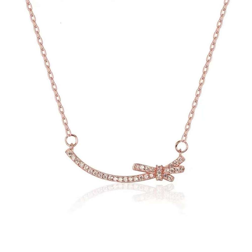 Simple Elegant Full Bowknot Smile Necklace for Women, Light Style Row Dia Line Pendant Clavicle Chain Live Streaming 5de