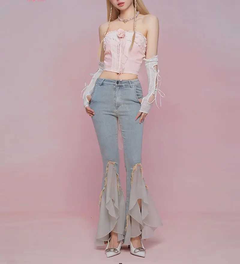 With Slits Medium Waist Trousers Slim Fit Lace Splicing Womens Flare Jeans South Korea Harajuku Fashion 90s Female Cowboy Pants R250716