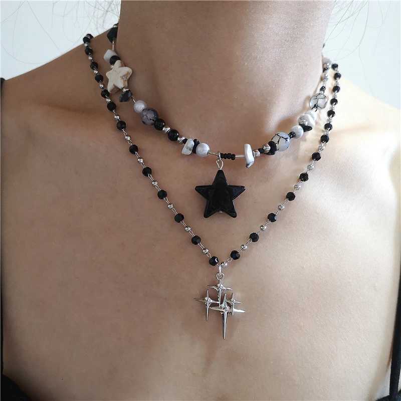 Kpop Goth Vintage Cool Y2K Star Pendant Beaded Silver Color Chain Necklace For Women Men Aesthetic Grunge Emo Jewelry Accessory XJ250717