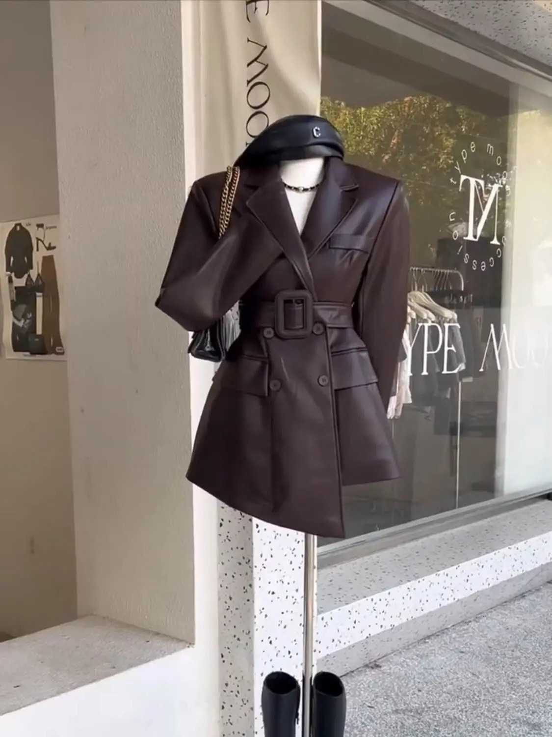 Coffee Color Retro Leather Jacket Women Clothing Autumn High End Waist Cinched Slimmimg Mid Length Suit Coat for Women 250715