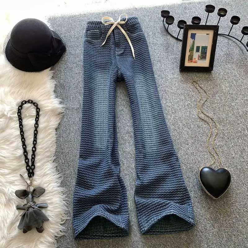 Women Korean Style Vintage Textured Streetwear Washed Flare Jeans Female High Waist Slim Pockets Straight Denim Pants R250716