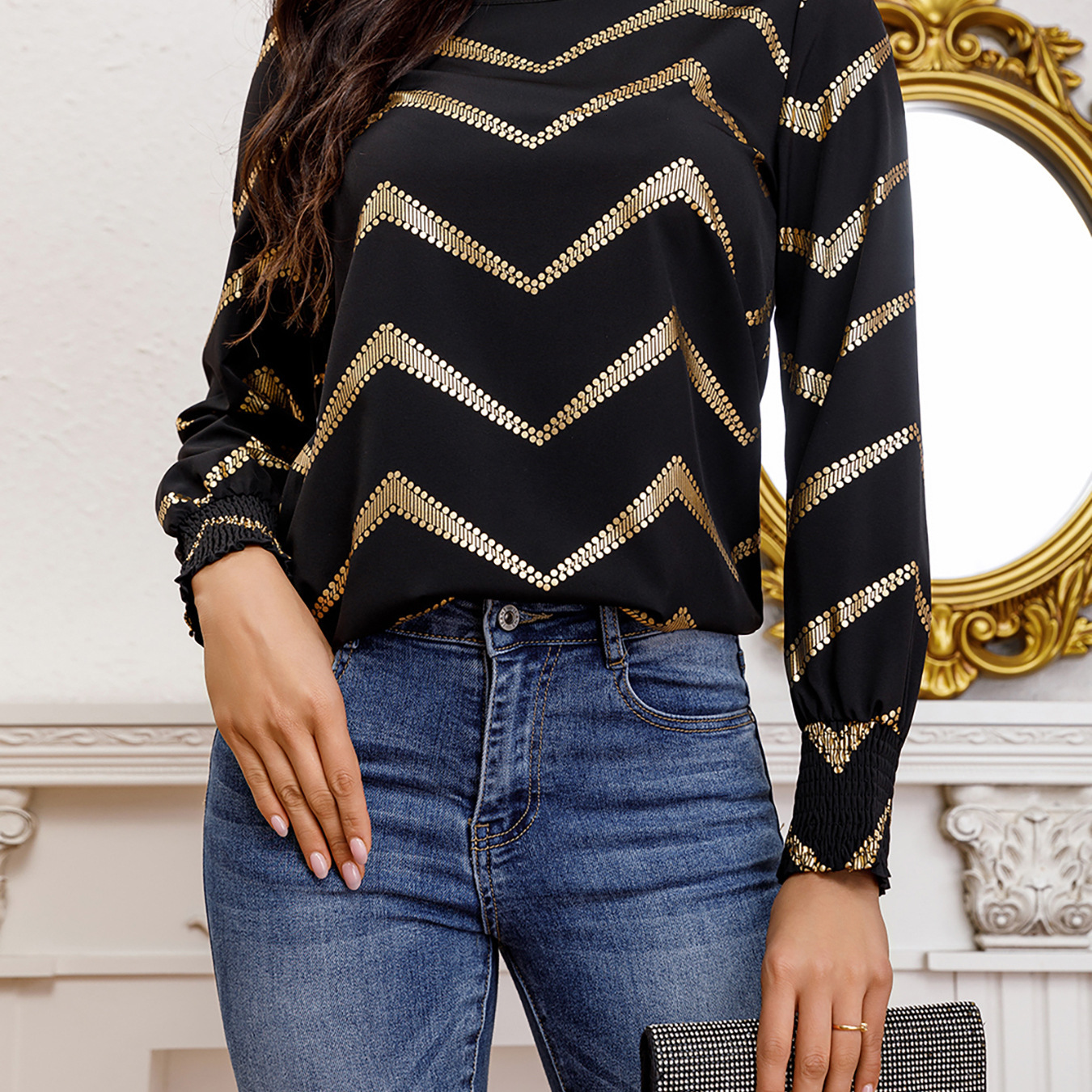 Round Neck Shirt Casual Pleated Long Sleeve Gold Stamping Spring Autumn Women's Clothing