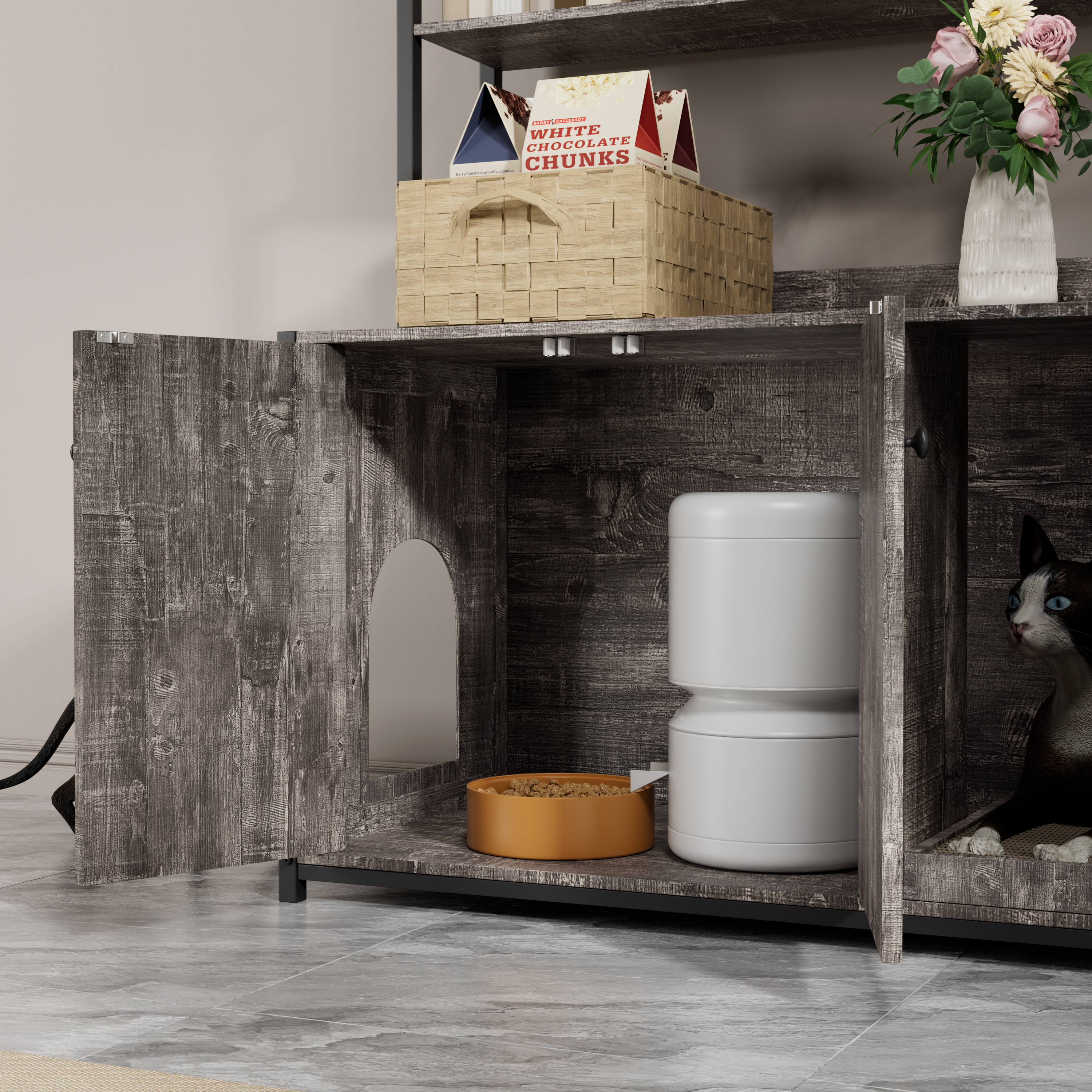 Large Cat Litter Box Enclosure With Shelf Storage Hidden Cat Washroom Furniture Wooden Cat House With Scratch Pad Sturdy Indoor Cat Cabinet With 2 Doo