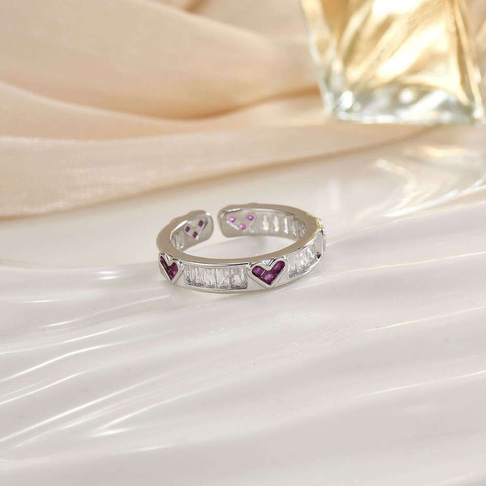 Daily Flash Diamond Crystal Zircon Micro Paved Sweet Versatile Heart Flower Open Ring Hand Jewelry E4a
