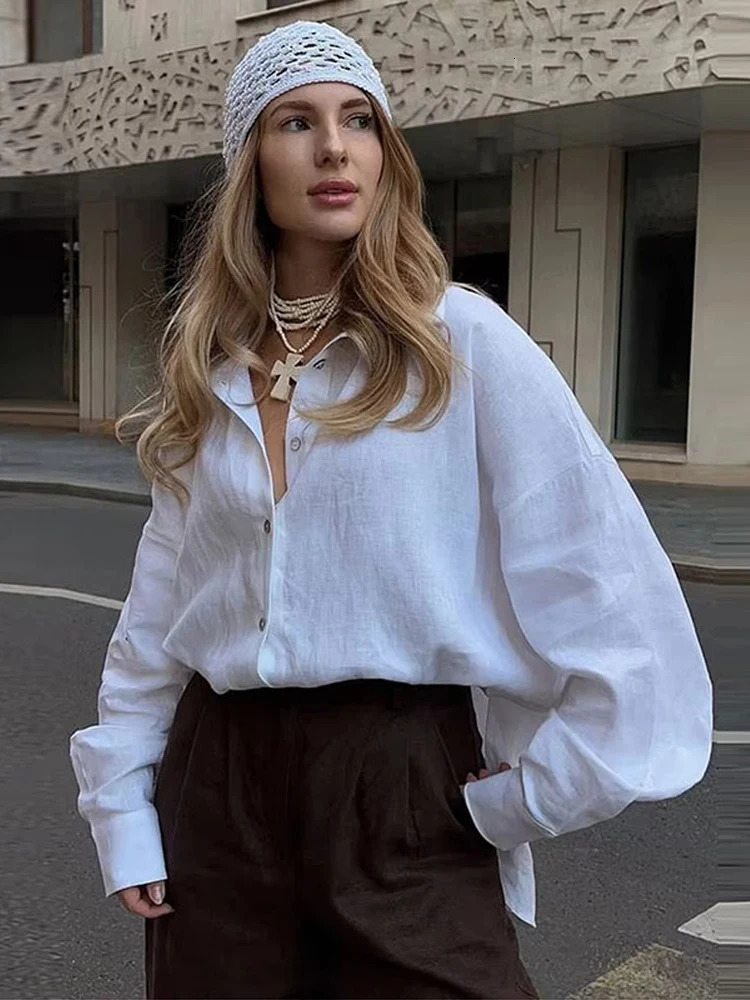 Fashion Loose Womens Shirts Long Sleeve Lapel Oversize Female Blouses 2025 Spring Summer Elegant Pink Cotton Linen Lady Shirts 250715