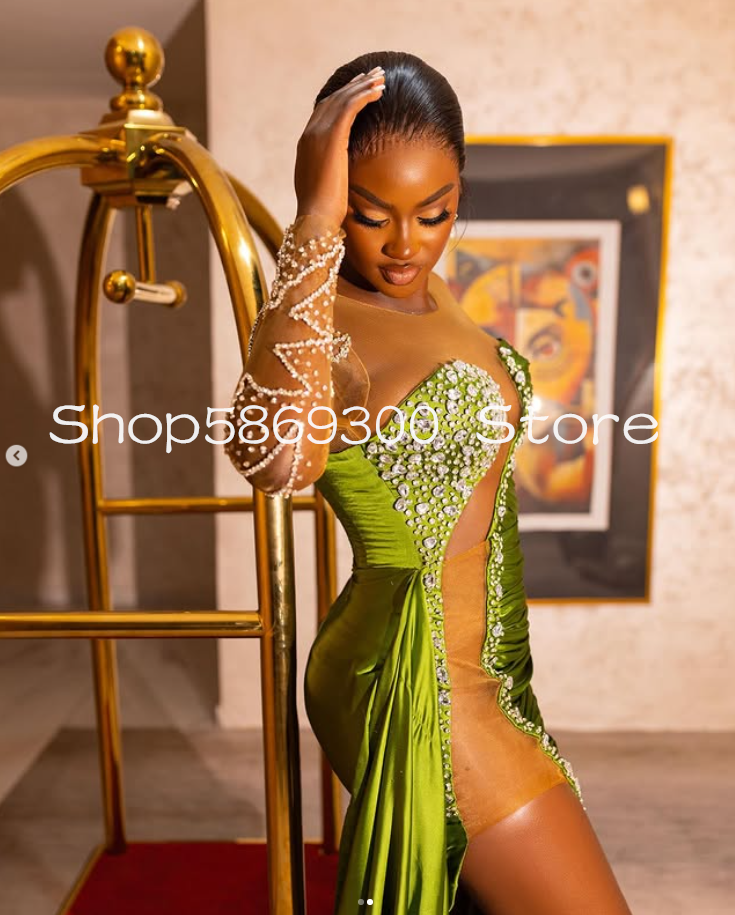 Lemon Green Hot Sexy African Evening Dresses Sheer Long Sleeve Beaded High Slit Aso Ebi Prom Party Gala Gown Customsized