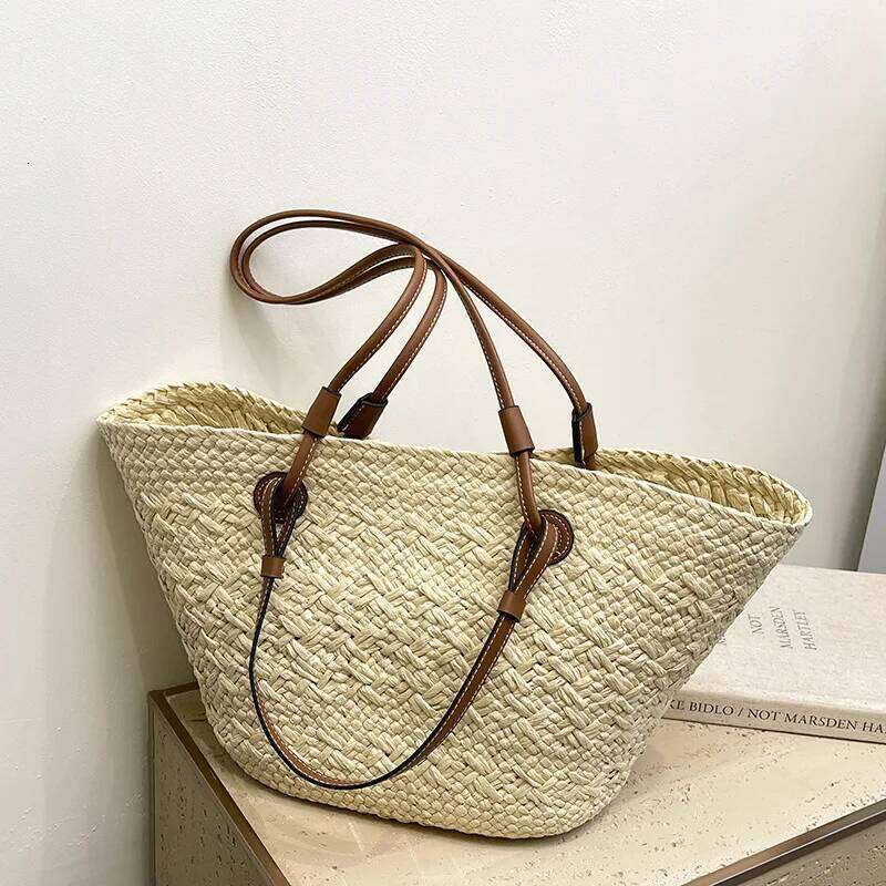 Retro Casual Style Large Capacity, Women's One-Shoulder Hand-Woven Straw Travel And Vacation Beach Woven Bag Shoul