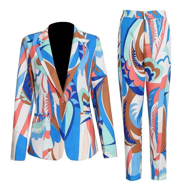 Fashion Spring Autumn Pant Suits Long Sleeve V-Neck Sexy Blouse Trousers Printing Two Pieces Suit Sets