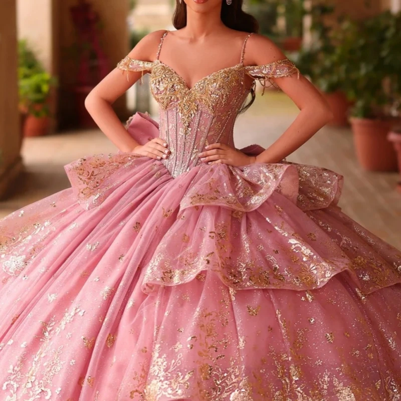 Pink Quinceanera Dresses Ball Gown Off The Shoulder Applique Lace Beads Bow Tiered Tull Party Birthday Sweet 16 Dress Vestidos 15 De Anos