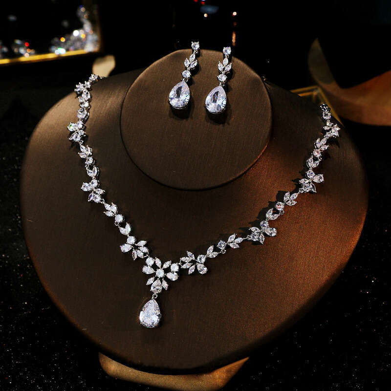Classic Popular Zircon Necklace Earrings Korean Ins Style Bride Wedding Set