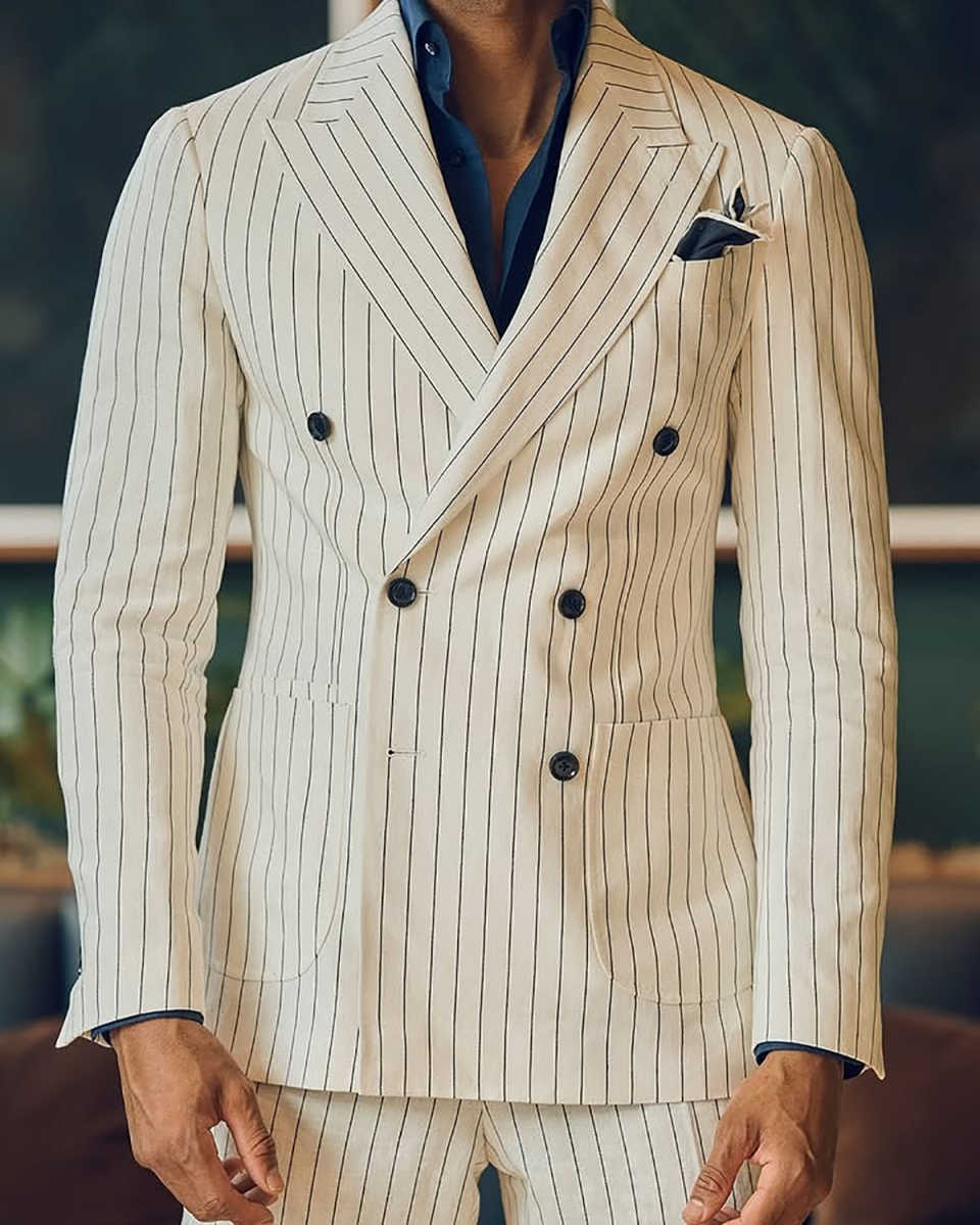 2 Pieces Customized Men Suits Peaked Lapel Double Breasted Stripe Pants Sets Classic Fit Prom Male Wedding Party Blazers