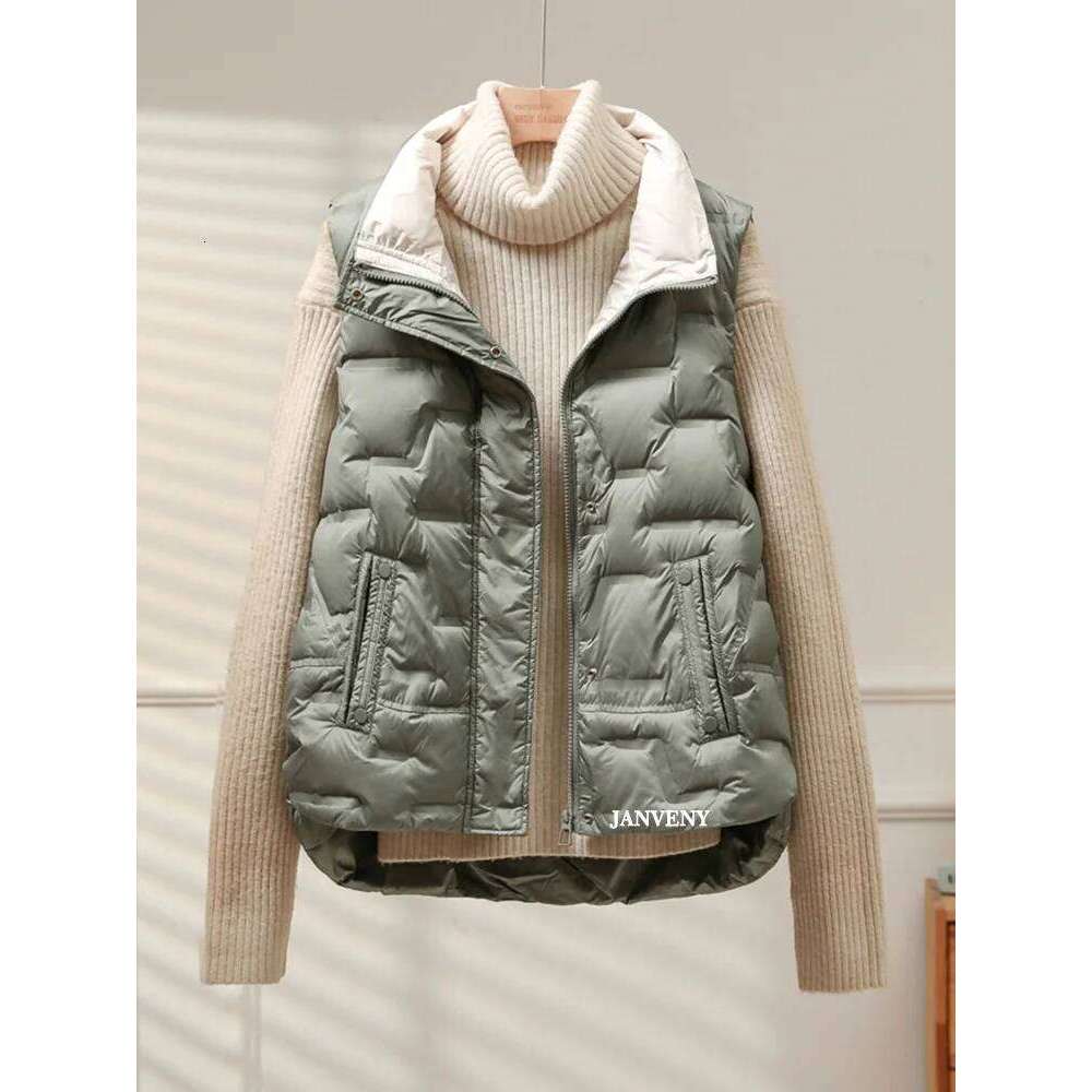 Janveny 2025 New Autumn Winter Duck Down Fleece Waistcoat Women Loose Stand Collar Pockets Warm Quilted Puffer Sleeveless Vest MDNG
