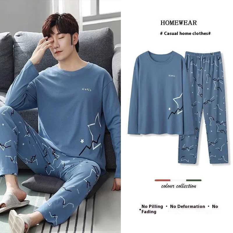 Men Pajamas Set Plus Size Cloud Cotton Pajamas Spring Long Sleeve Long Pants Teen Blue Loungewear Two Piece Set Sleepwear W250717