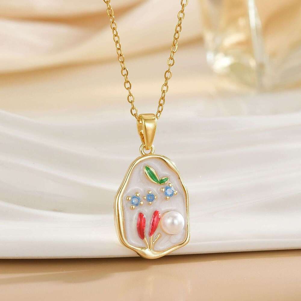 Hot Sale Copper Pendant New Enamel Color Flower Necklace For Women High-End Fashionable Temperament Niche Collarbone Chain 731