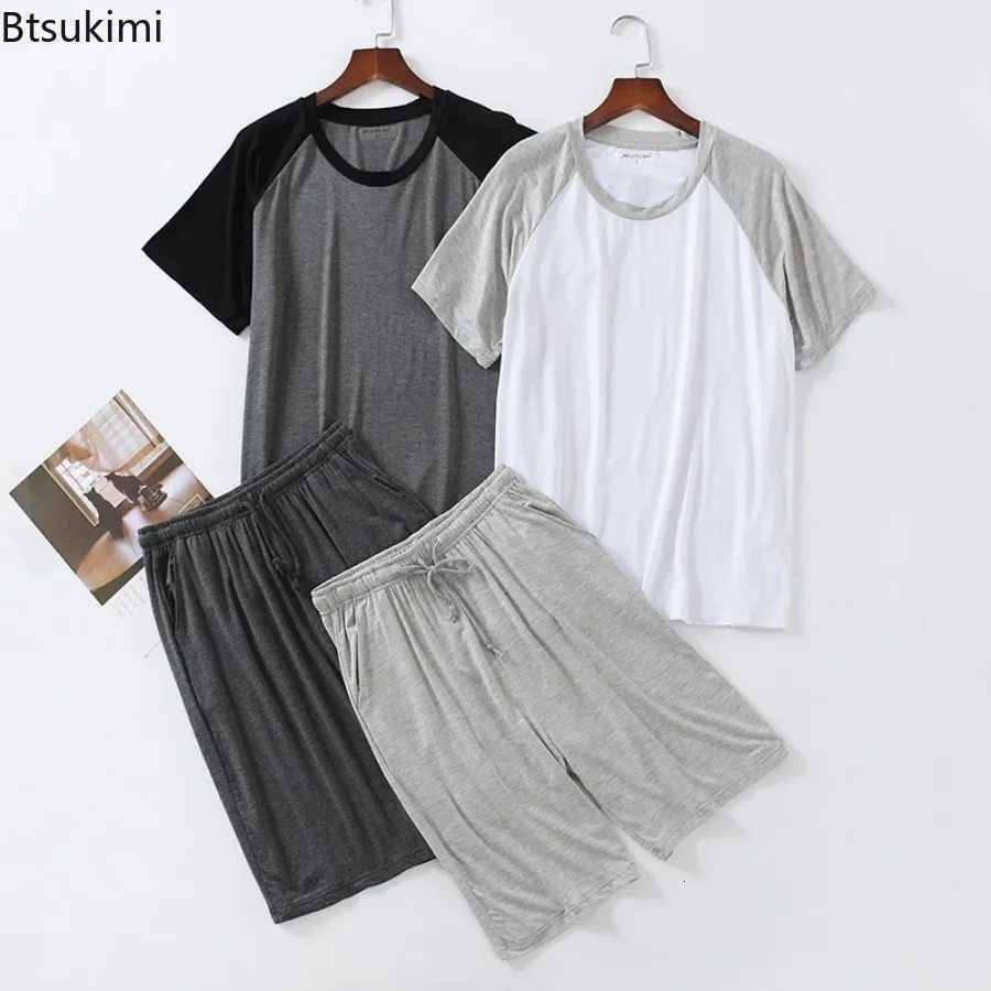 2025 Mens Summer Modal Pajama Sets O-neck Short Sleeve Tops and Short Pants Homewear Men Loose Soft Colorblock Nightwear Sets W250717