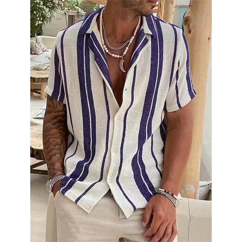 2025 Men Spring/Summer Casual Holiday Striped Button-Down Short Sleeve Shirt