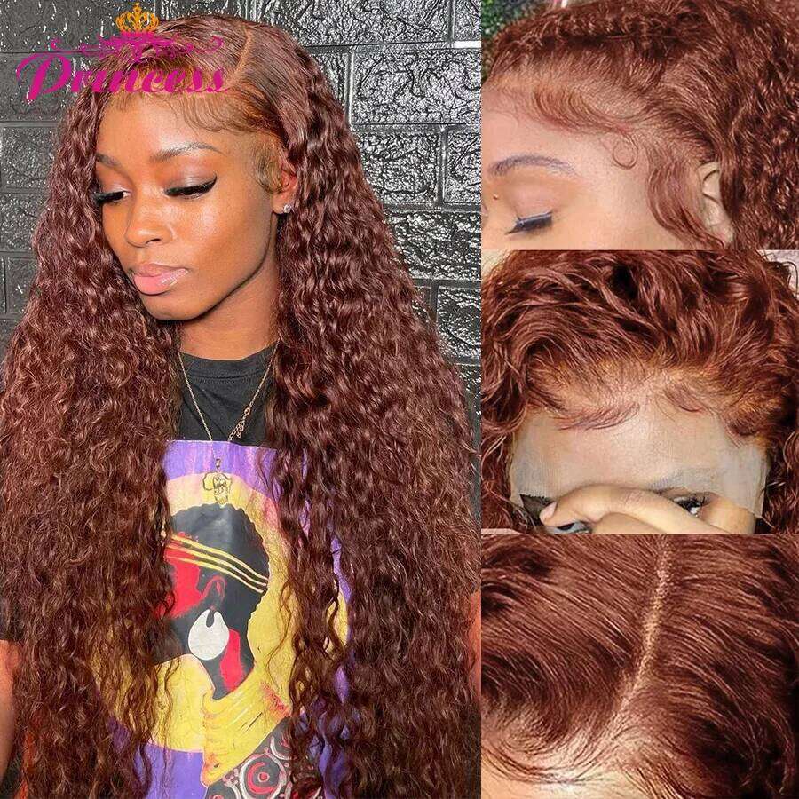 Princess 34 Inch Reddish Brown 13x6 HD Frontal Wig Colored Deep Wave 13x4 Lace Front Human Hair Wigs