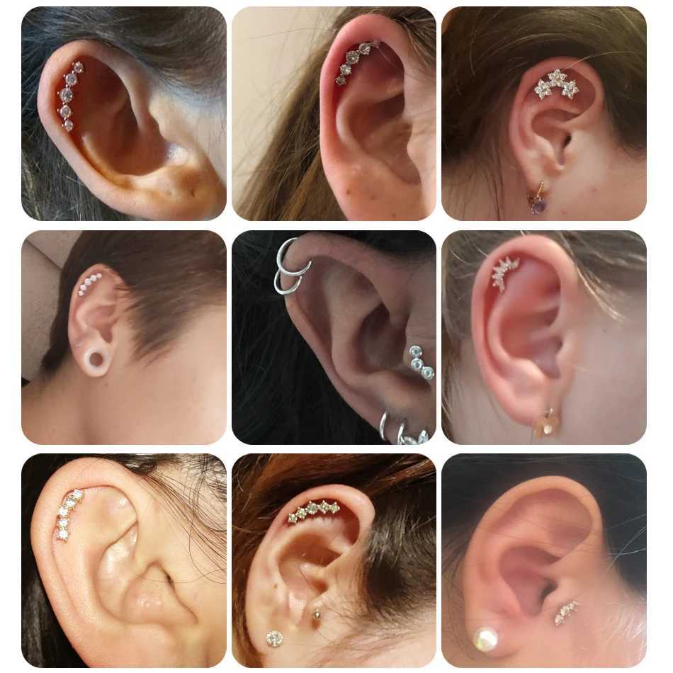 1PC 16G CZ Gem Cartilage Stud Moon Star Heart Cross Flower Crown Helix Tragus Piercings Conch Rook Stud Earring Piercing Jewelry y250715