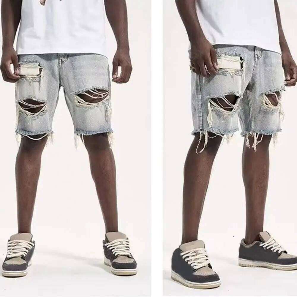 Deformed-resistant Men's Summer Distressed Denim Shorts Straight Fit Ripped Holes Knee Length Jeans with Multi