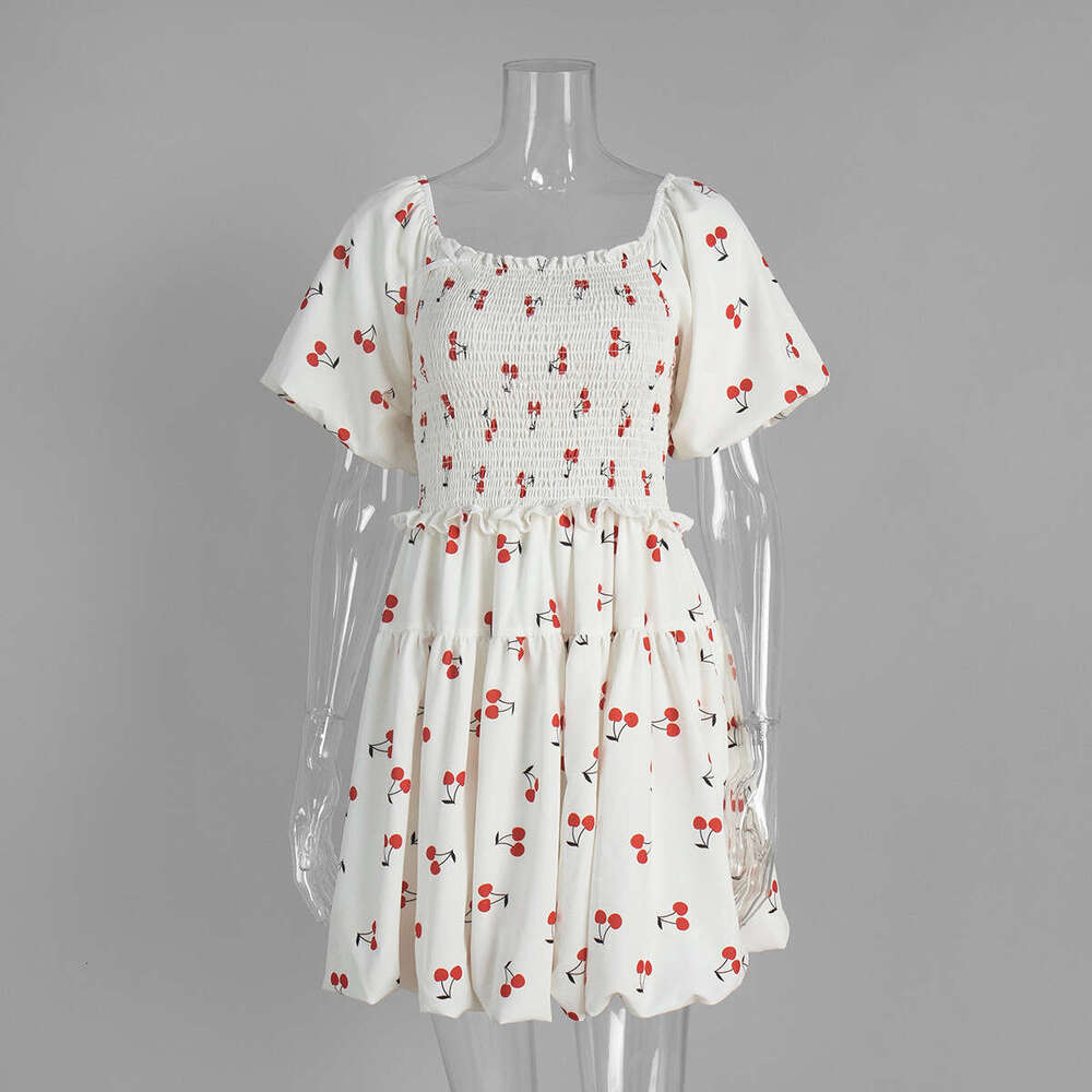 Square Neck Puff Sleeve Summer New Waist-Cinching Printed Short Dress B5