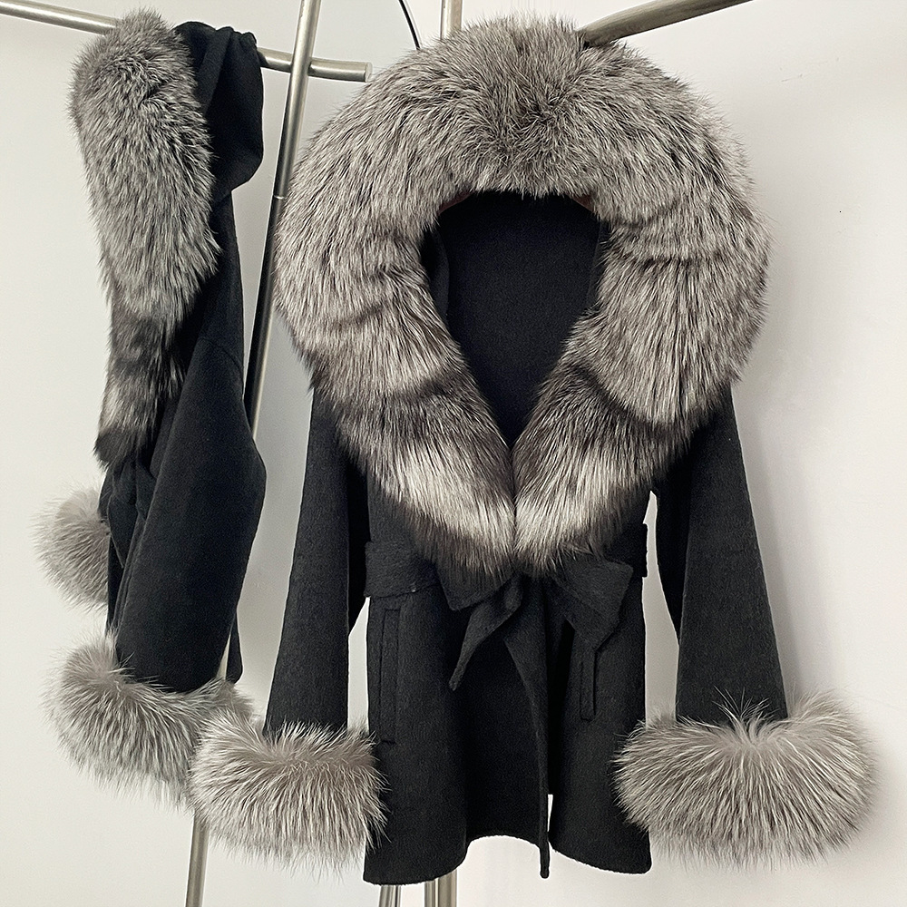Petite High-End Feel Winter New Oversized Fox Fur Collar Double-Sided Wool Coat Womens Woolen Jacket