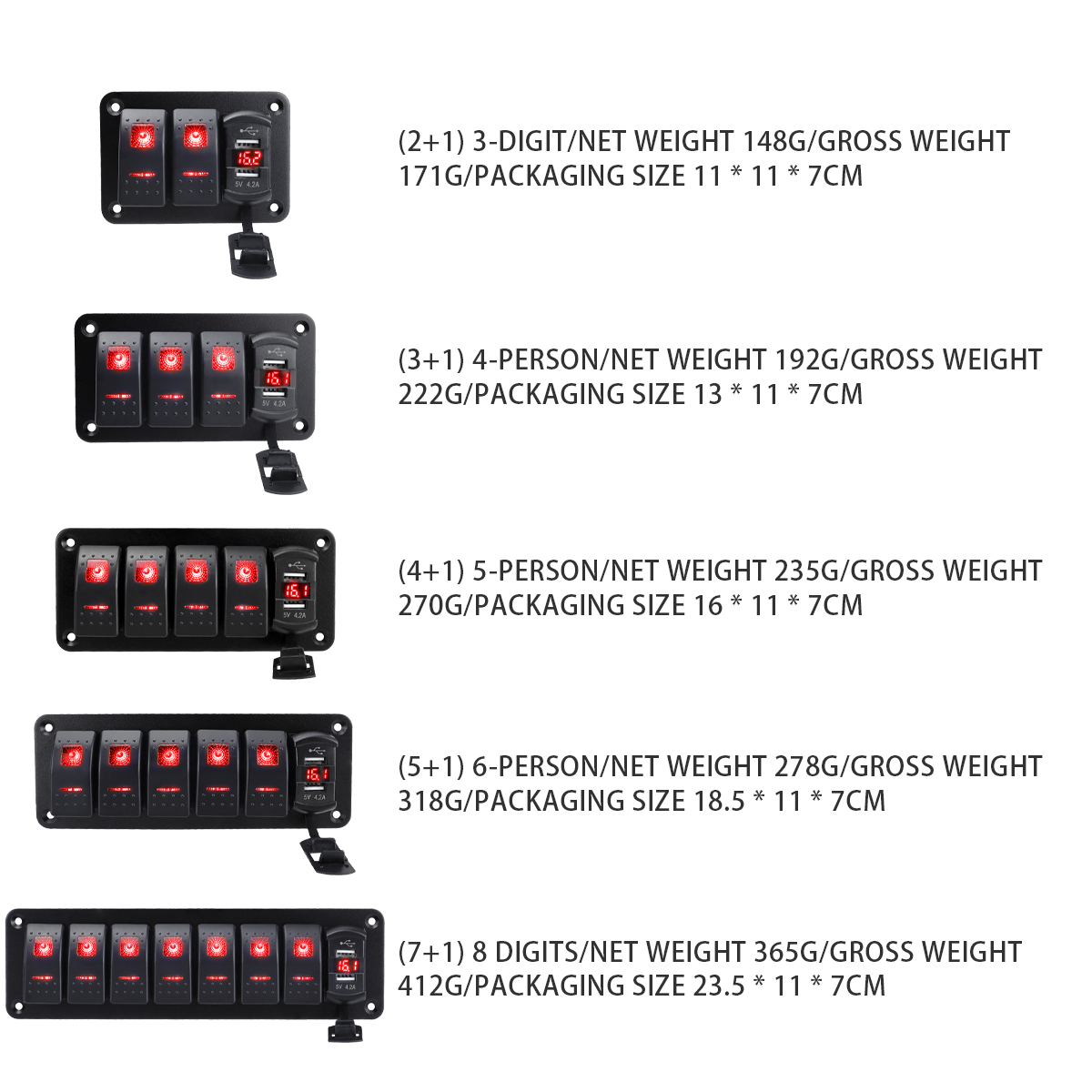 Aluminum panel with joystick switch, equipped with voltmeter and dual USB (4.2A) fast charging, red backlit LED, suitable for boats, cars, trucks, (re