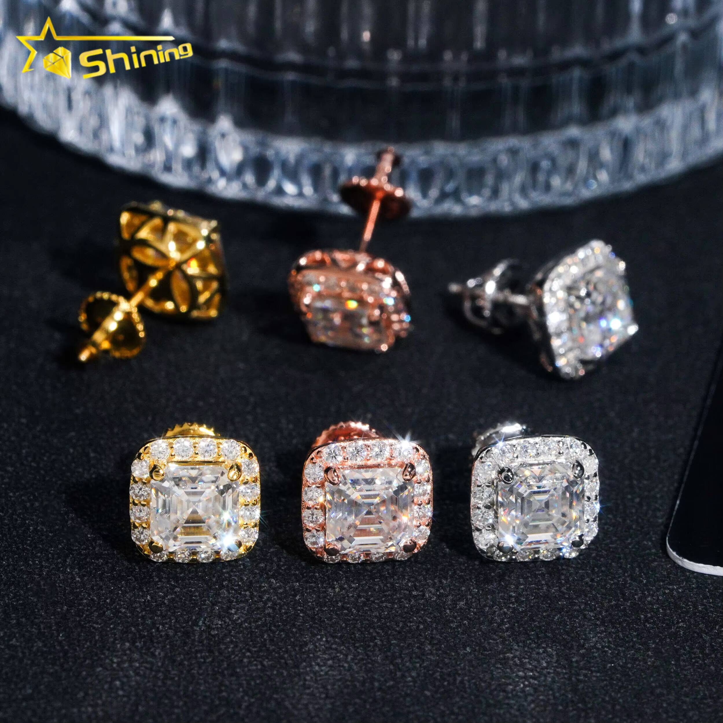 Diamond Tester Certified RTS Hip Hop Jewelry 925 Silver Asscher Cut VVS Diamond Moissanite Stud Earrings