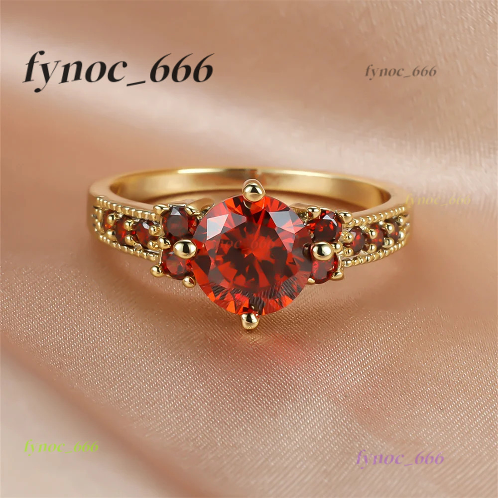 Red Crystal Round Stone Wedding Band Rings For Women Vintage Fashion Gold Color Engagement Bands July Birthstone Jewelry