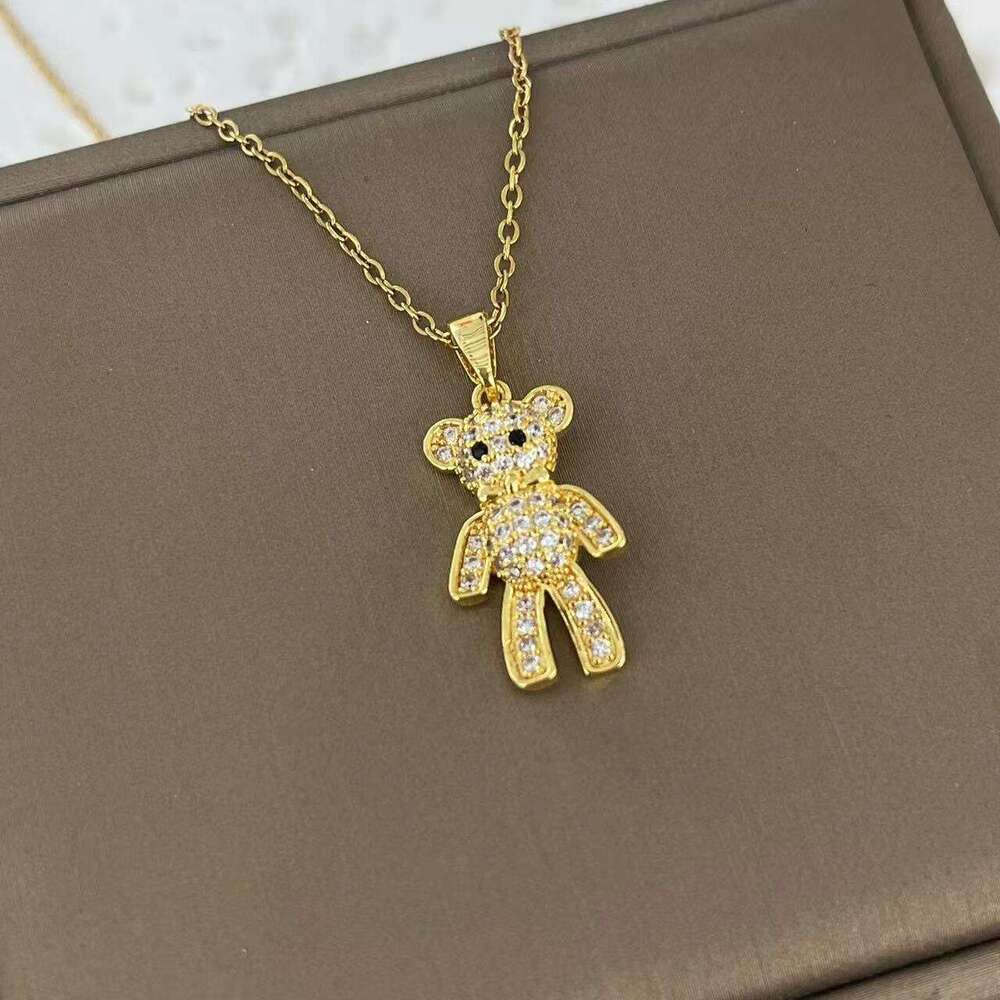 Korean Style New Bear Necklace For Women Copper Gold-Plated Dia-Studded Fashion Versatile Jewelry Non-Fading Titanium Steel Chain F60