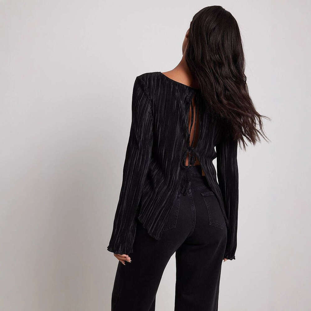 Pleated Blouse For Women Summer Elegant Temperament Slim Fit Bell Sleeve Back Tie Short Shirt B5