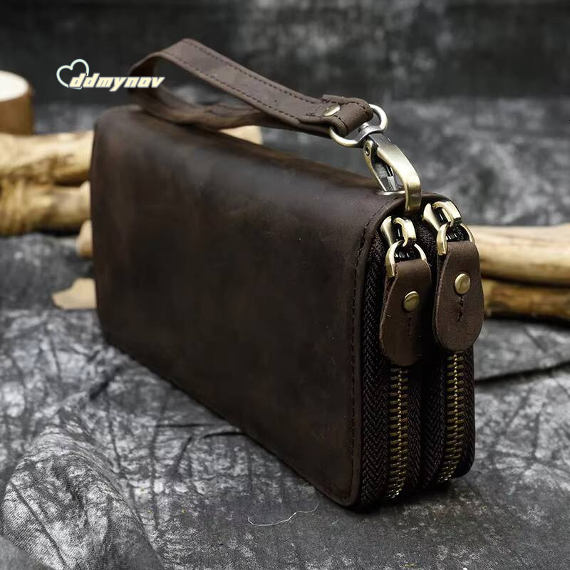 Retro Crazy Horse for Men Clutch Purse Double Zipper 24 Cards Clutches Vintage Woman Genuine Leather Long Wallet ddmynov