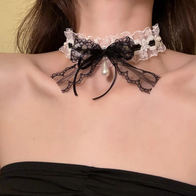 Bow Lace Choker Necklace for Women with Sweet Temperament Neck Strap for Niche Collarbone Chain Accessories 250716
