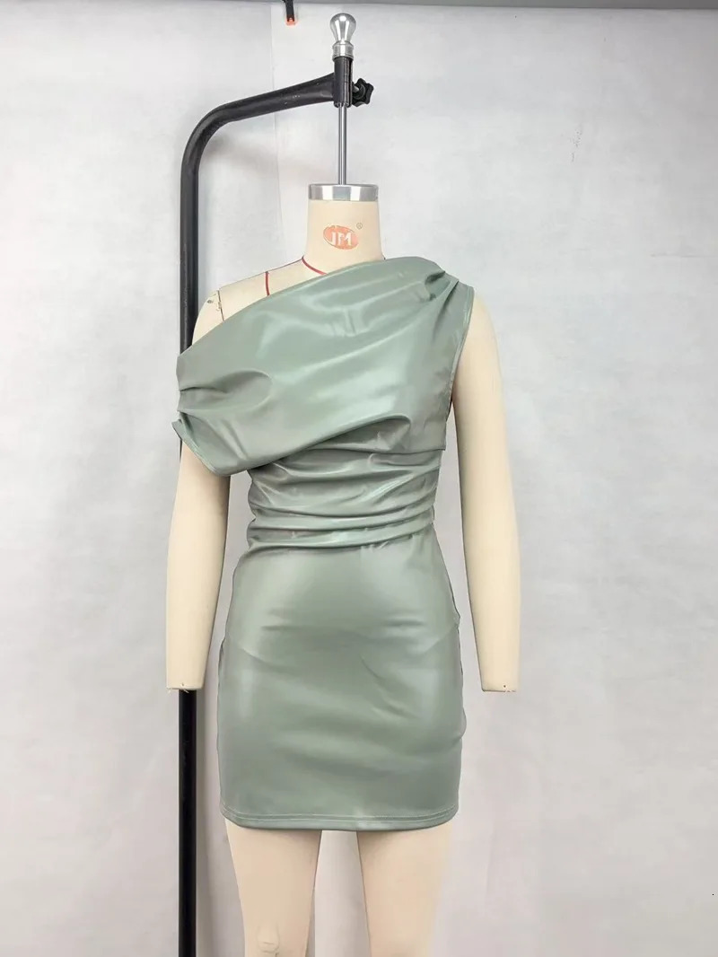CM.YAYA Women PU Leather Skew Collar Sleeveless Ruched Mini Dress 2025 Bodycon Sexy Streetwear Evening Night Club Party Dresses 250715