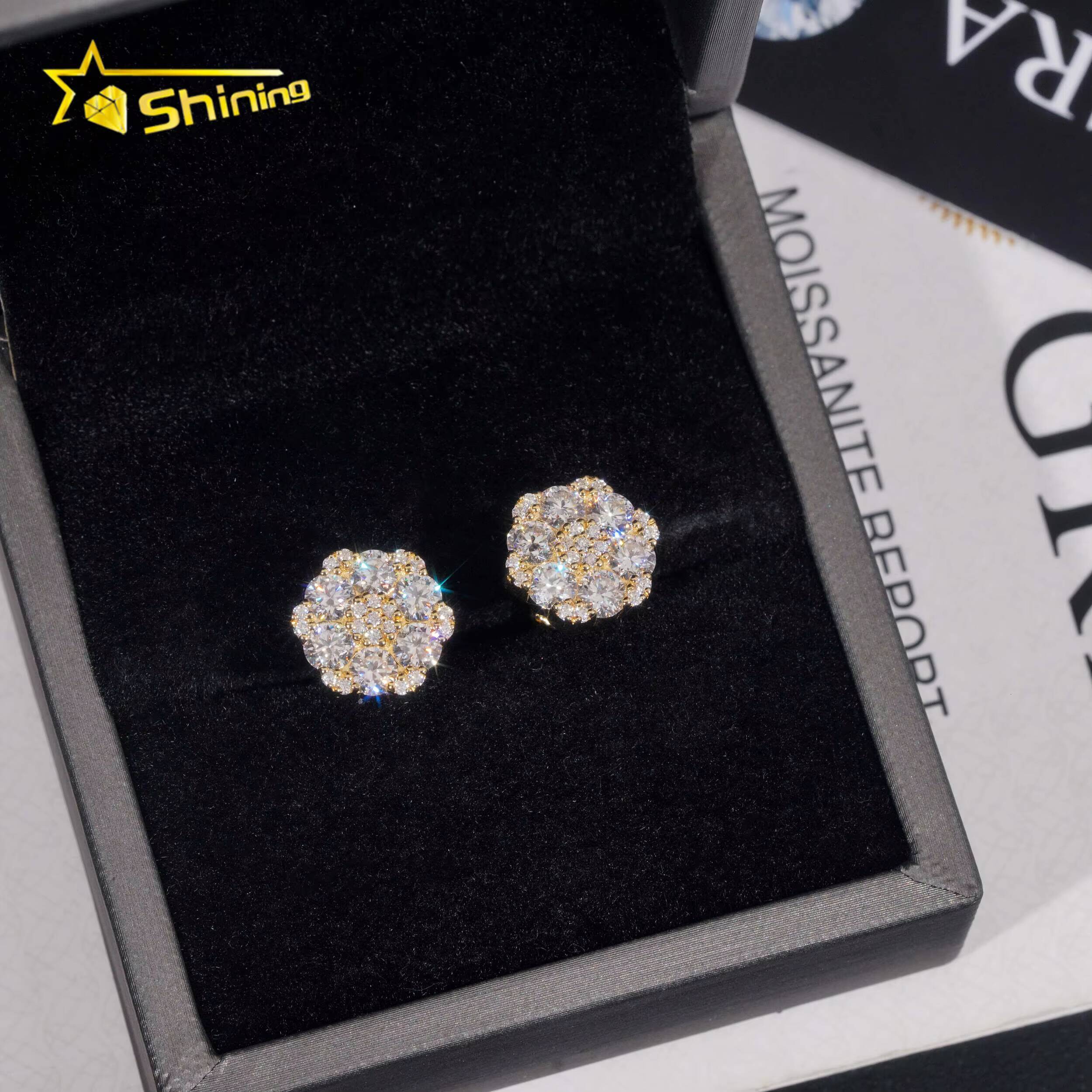 Fine Jewelry Flower Design Screw Back Ear Studs Iced Out 925 Sterling Silver Gold Plated Moissanite Stud Earrings Ready to Ship