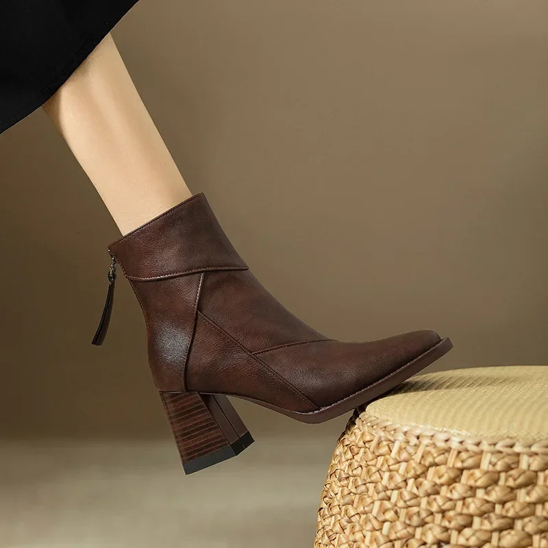 Woman Chunky Ankle Boots Women Zipper Retro Brown Soft Leather Short Boot Autumn Square Toe Casual High Heel Booties Mujer 250716