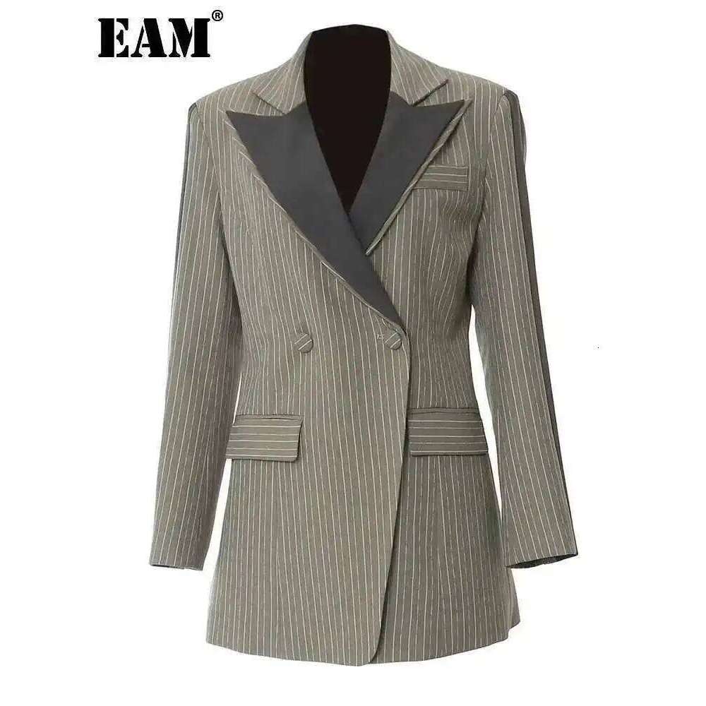 EAM Green Striped Color-Block Elegant Blazer Women New Lapel Long Sleeve Jacket Fashion Tide Spring Autumn 2025 1Dh6394