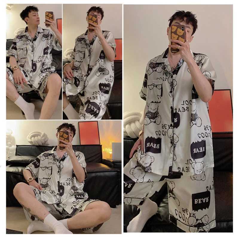 3XL-5XL 50kg Plus Size Mens Satin Pajamas Summer Cartoon Short Sleeve Button Up Top and Shorts Pj Lounge Set Loose Sleepwear W250717
